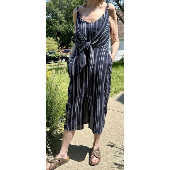 Ellen Tracy Tie Front Linen Blend Dress Size Small Navy White Stripe $129 NWT
